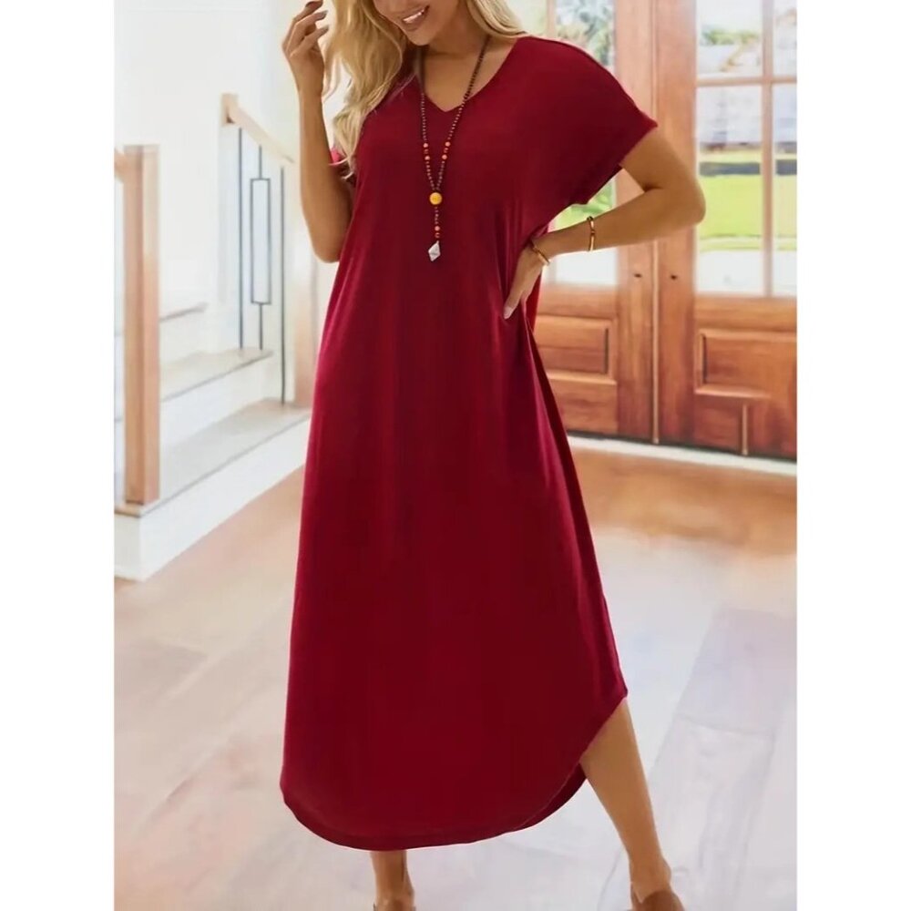 Casual Red Midi Dress Short Sleeves V-Neck Relaxed Fit